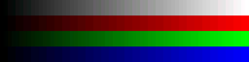 A color ramp for RGB565. Banding is apparent, more in the red and blue channels than green.