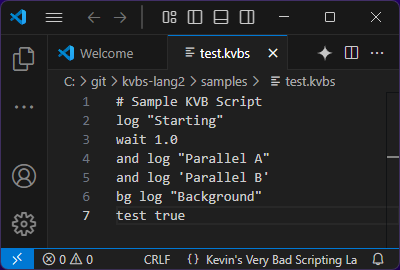 A kvbs file marked as &lsquo;Kevin&rsquo;s Very Bad Scripting Language&rsquo; in VSCode.