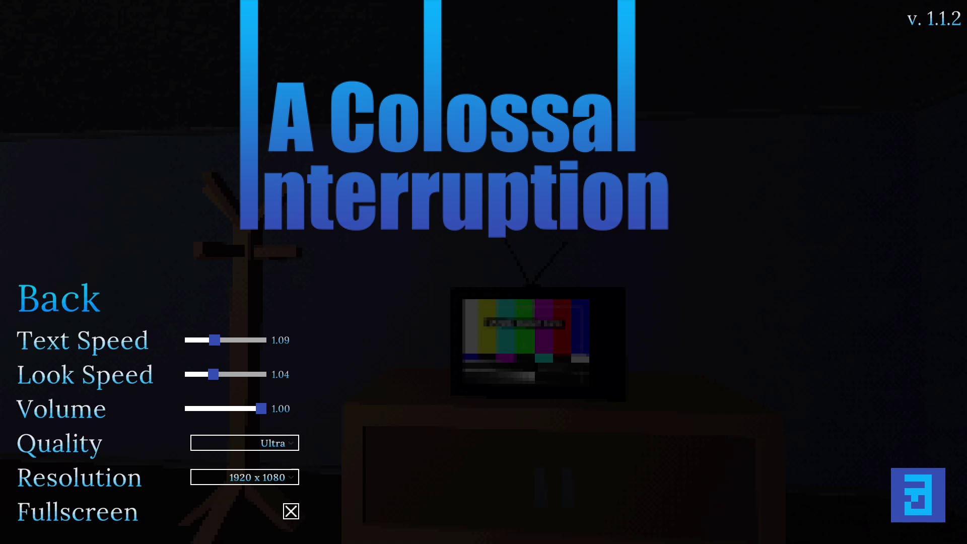 The options menu from A Colossal Interruption